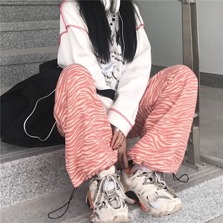 พร้อมส่ง🍉✨ สีชมพูลายกางเกงผู้หญิงกางเกงสไตล์เกาหลีหลวมกางเกงลำลองตรง