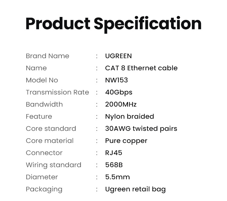 ข้อมูลประกอบของ UGREEN สายแลนเครือข่ายอีเธอร์เน็ตไนล่อนถัก CAT8 40Gbps 2000MHz CAT 8 สําหรับแล็ปท็อป PS 4 RJ45