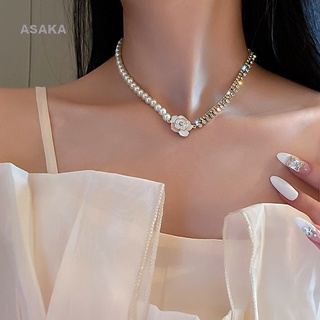 Asaka สร้อยคอโช้คเกอร์ คริสตัล ดอกไม้สีขาว สําหรับผู้หญิง โซ่มุก สร้อยคอพลอยเทียม งานแต่งงาน เครื่องประดับโช้คเกอร์