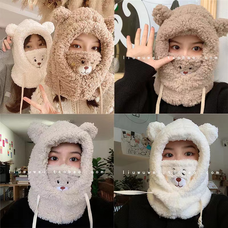 ราคาและรีวิวเวอร์ชั่นเกาหลีของตุ๊กตาหมีน่ารักนักเรียนหมวกขี่กันลมที่อบอุ่นป้องกันหูหมวกผ้าพันคอหมวก SK5212
