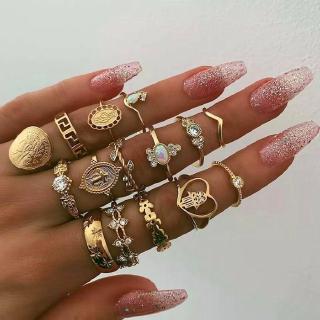 สินค้า 15 Pcs/Set Bohemian Gold Color Heart Midi Ring Sets For Women Anillos Vintage Leaf Flower Crystal Opal Rings Jewelry New