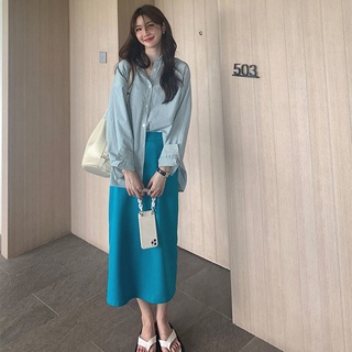 เสื้อเชิ้ต ลายทาง สีฟ้า และกระโปรง เอวสูง แฟชั่นสไตล์เกาหลี สําหรับผู้หญิง