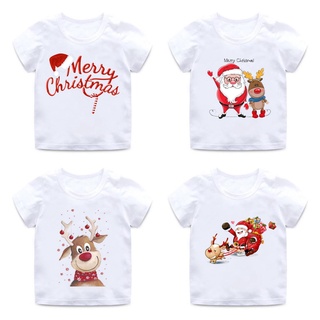 เสื้อยืดแขนสั้น พิมพ์ลายการ์ตูนซานตาคลอส กวางน่ารัก เหมาะกับเทศกาลคริสต์มาส สําหรับเด็กผู้ชาย และเด็กผู้หญิง