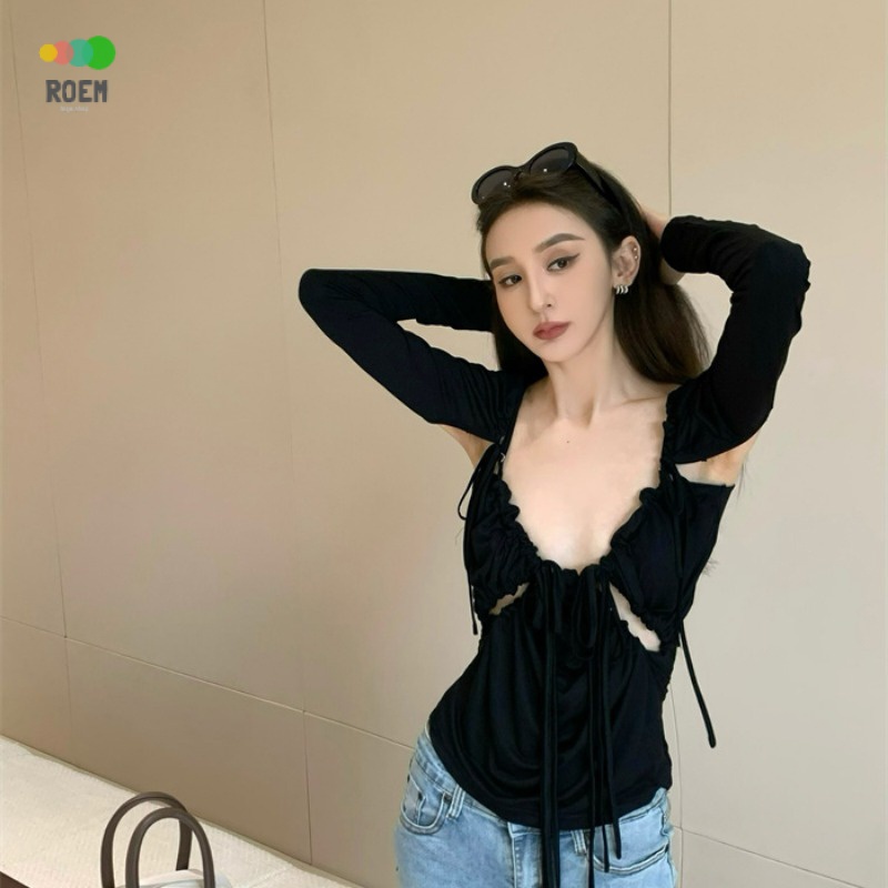 nini-autumn-new-product-new-hot-girl-slim-fit-korean-style-slimming-sexy-long-sleeved-top-pleated-strap-t-shirt-v-neck-inner-match