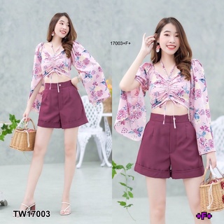 TW17003 set 2 ชิ้น เสื้อแขนยาว ผ่าแขน อกรูดเชือก ลายดอกไม้ ผ้าไหมอิตาลี่ + กางเกงขาสั้น ทรงขาพับ สม็อคหลัง เนื้อผ้าซาร่า