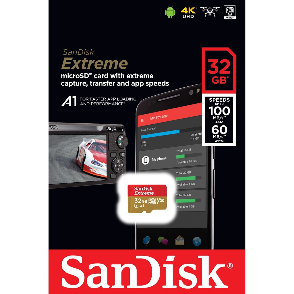 ภาพหน้าปกสินค้าSanDisk Extreme microSDXC UHS-I A2 64/128/256GB ความเร็วสูงสุด อ่าน160MB/s เขียน 60MB/s กันการกระแทก ทนอุณหภูมิ กันน้ำ จากร้าน dji_official_store บน Shopee