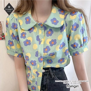 เสื้อเชิ้ตแขนสั้น ลายดอกไม้ สไตล์เรโทร แฟชั่นฤดูใบไม้ผลิ และฤดูร้อน สําหรับผู้หญิง 2021