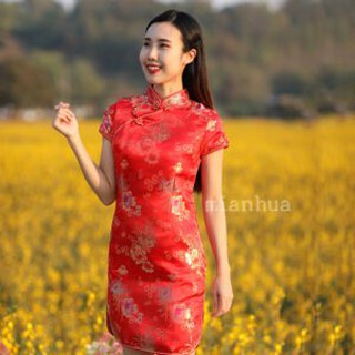 1003 ชุดตรุษจีนผู้หญิง (ชุดกี่เพ้า) แบบสั้น สีแดง ลายดอกเหมยกับดอกเบญจมาศ