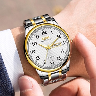 สินค้า OPK นาฬิกาข้อมือผู้ชายนาฬิกาควอตซ์สแตนเลสแบบคู่ปฏิทินธุรกิจกันน้ำส่องสว่าง