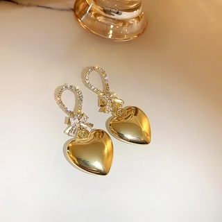 ภาพหน้าปกสินค้า925 Silver Needle Heart Diamond Bow Metal Earrings ที่เกี่ยวข้อง