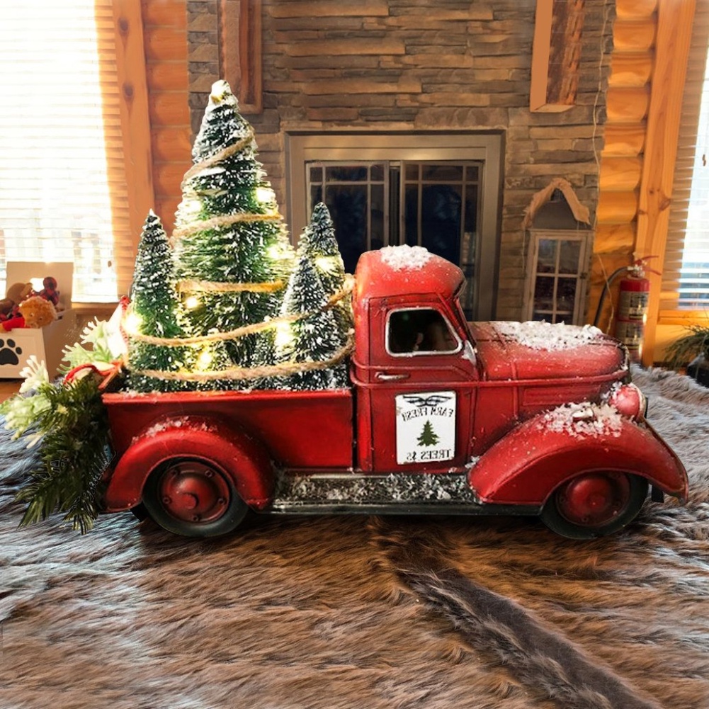 รถบรรทุกคริสต์มาสกับต้นคริสต์มาสและแสงเรซิ่นวินเทจสีแดงบ้านไร่รถบรรทุกรถรุ่นเครื่องประดับคริสต์มาส-bri
