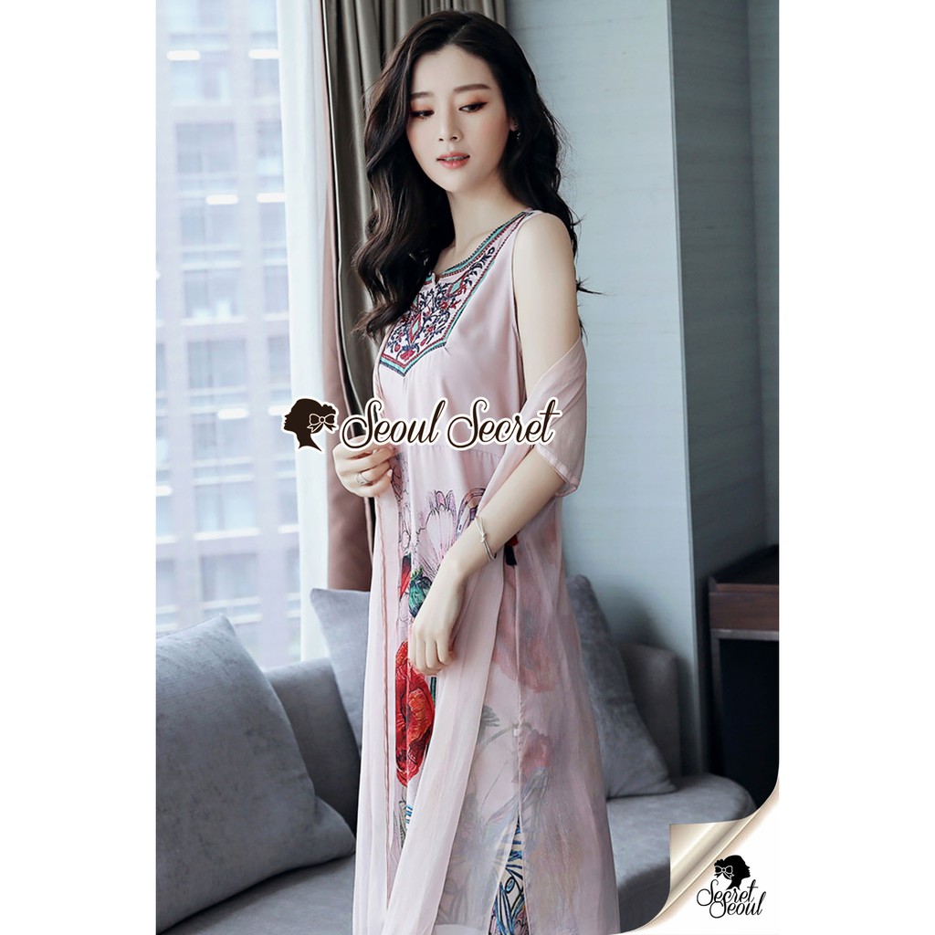 girly-bohe-style-stick-amp-print-outer-dress-set-ชมพู