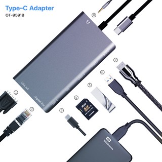 อแดปเตอร์พอร์ทฮับ USB แปลงจาก USB-C เป็น HDMI VGA เเละการ์ดรีดเดอร์ RJ45 PD #T-001