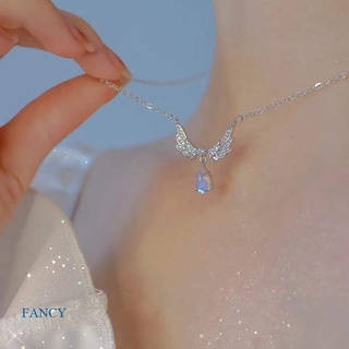 Fancy สร้อยคอแฟชั่น จี้รูปปีกนางฟ้า หัวใจ ประดับเพทาย สีดํา เครื่องประดับ สไตล์วินเทจ สําหรับผู้หญิง