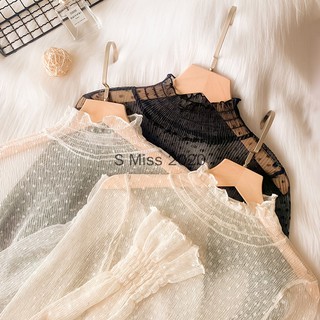 ราคาS Miss Net gauze top ผู้หญิง 2020 ใหม่ซีทรูคอสูงลูกไม้ bottoming เสื้อแขนยาวด้วยผ้าโปร่งโปร่ง