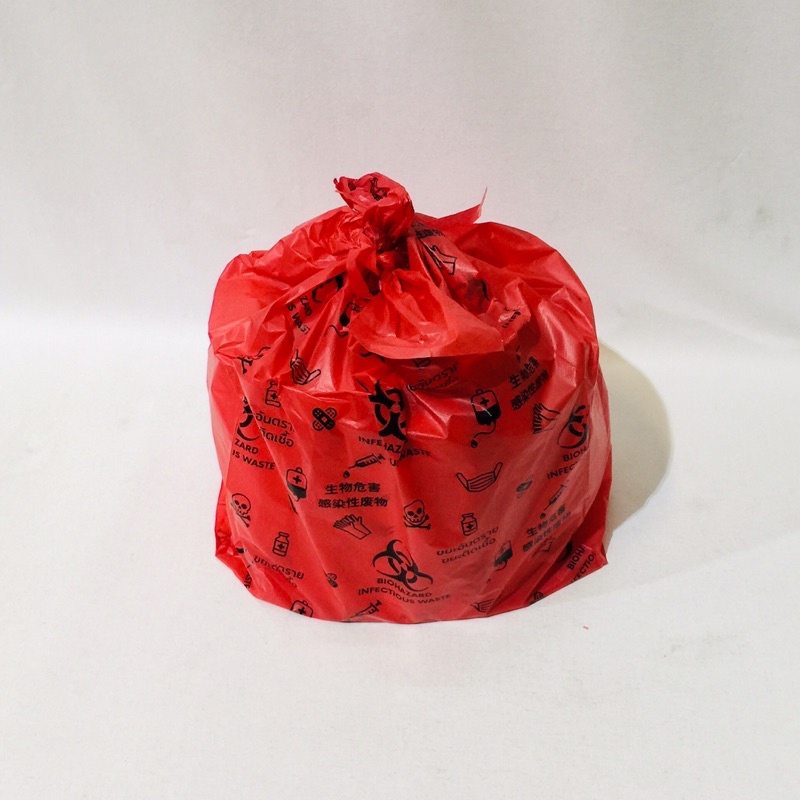 ถุงขยะแดงหูผูกมัดปาก-ถุงไม่ได้ซิลหู-พิมพ์ลาย-แบบแบ่งขาย-25ใบ-ถุงติดเชื้อ-ถุงขยะอันตราย