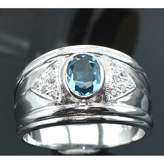 💎T147 แหวนพลอยแท้ แหวนเงินแท้ชุบทองคำขาว พลอยลอนดอนบลูโทปาซแท้ 100%