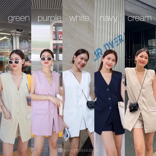 สินค้า sleeveless vest blazer style🍵🥯(530฿ฟรีส่ง) ชุดเบลเซอร์เซทแขนกุดคอวี กางเกงเอวหลังสม๊อคยางยืด ตัวเสื้อดีเทลกระดุมสี