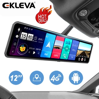 Ekleva ADAS Android Dash Cam 4G กล้องบันทึกวิดีโอ GPS Wifi 12 นิ้ว IPS กล้องคู่ ด้านหน้า และด้านหลัง สําหรับรถยนต์