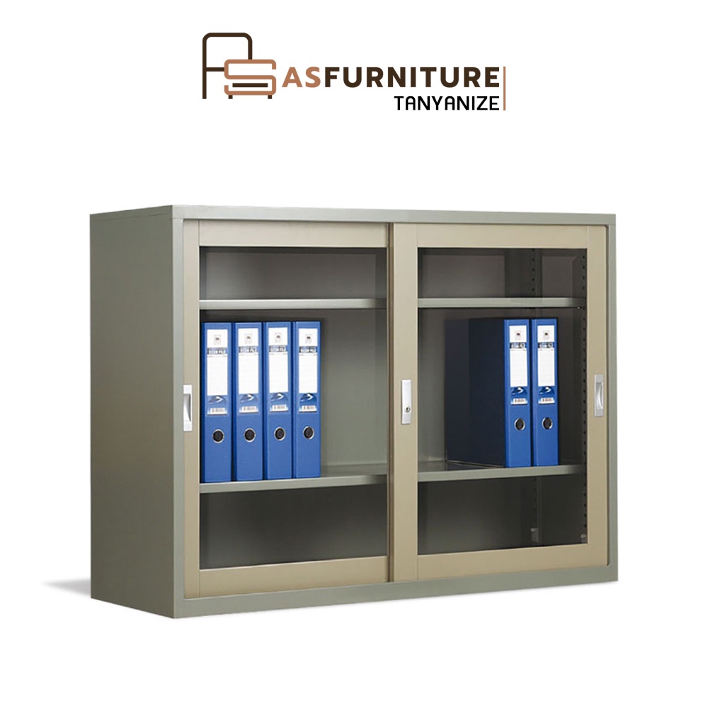 as-furniture-tanyanize-ธัญญาไนซ์-ตู้เก็บเอกสาร-โครงเหล็ก-บานเลื่อน-กระจกใส-สำหรับเก็บเอกสาร-3-5-ฟุต