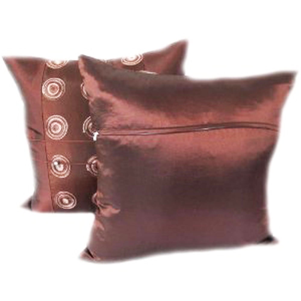 a18-thai-silk-pillow-covers-ปลอกหมอนอิง-ไหมไทยลายปักกลม-16-16-นิ้ว-1-คู่-สีน้ำตาล