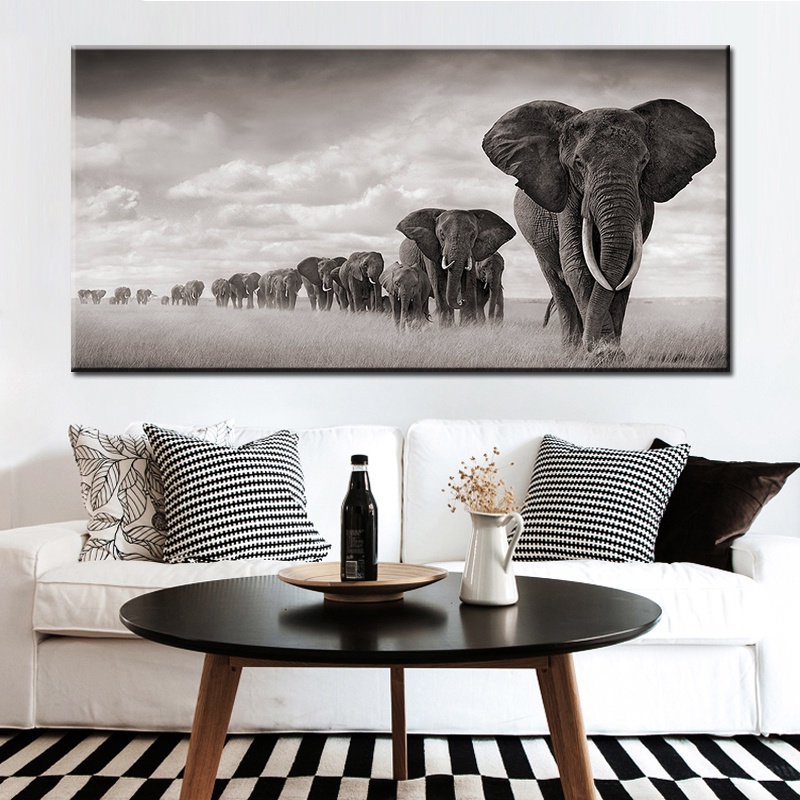 โปสเตอร์ภาพวาดผ้าใบ-รูปสัตว์ป่า-ช้างแอฟริกัน-สีดํา-สําหรับตกแต่งผนัง-ห้องนั่งเล่น