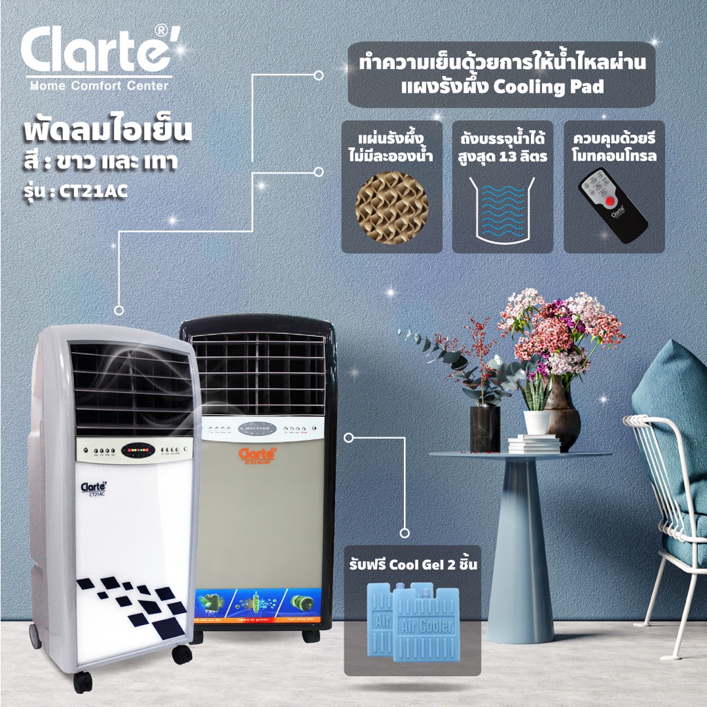 ข้อมูลเพิ่มเติมของ ใช้งานได้ปกติClarte'พัดลมไอเย็น 13 ลิตรมีให้เลือก 2สี รุ่น CT21AC/GYสีเทาและรุ่นCT21AC/GYWสีขาว(ไม่มีรีโมทและคูลเจลแถม)