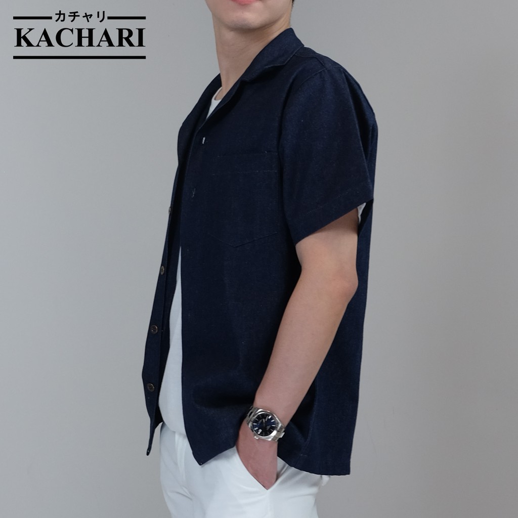 kachari-denim-เสื้อยีนส์-เสื้อเดนิม-เสื้อเชิ้ตสีพื้น-คอเปิด-ผ้ายีนส์ญี่ปุ่น-หนา-10-ออนซ์-สีกรม