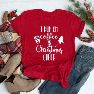 ⚡️ พร้อมส่ง⚡️ I Run On Coffee Christmas Cheer Print Womens T-shirt 2020 Christmas Holiday Tshirt Tops Clothes Cute