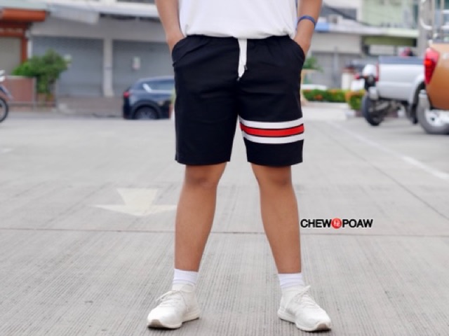 กางเกงขาสั้นเอวยืด-สีดำแถบขาว-แดง-ขาว