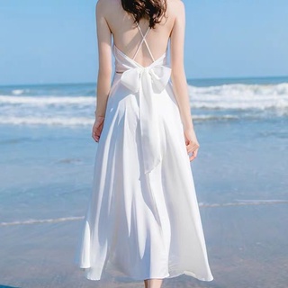 ชุดเดรสกระโปรงยาว ผ้าชีฟอง สีขาว เหมาะกับเดินชายหาด แฟชั่นฤดูร้อน สําหรับสตรี