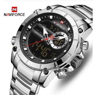 สินค้า Naviforce นาฬิกาทหาร กองทัพบก ควอตซ์ สองเวลา อะนาล็อก + ดิจิตอล LED สแตนเลส สีเงิน