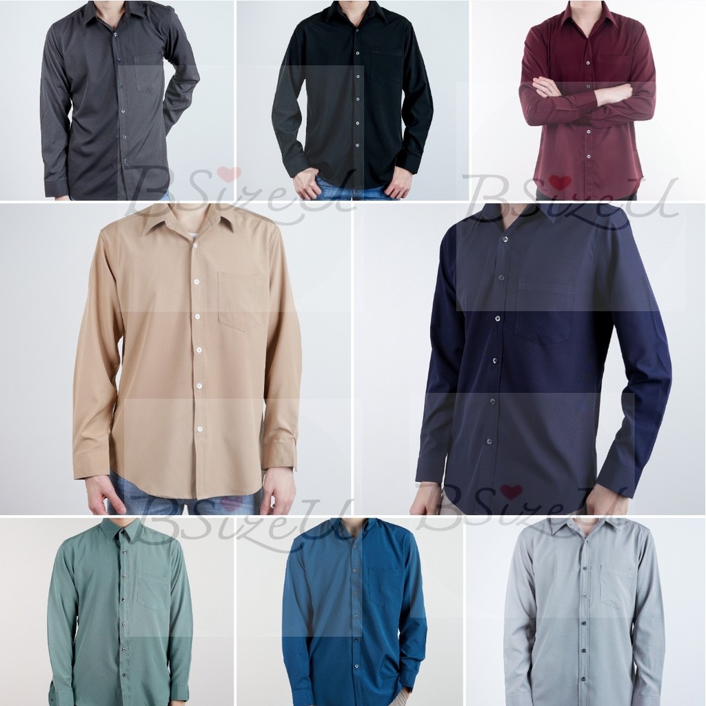 รูปภาพสินค้าแรกของเสื้อเชิ้ตผู้ชาย เสื้อเชิ้ตแขนยาว คอปก ผ้าไหมอิตาลี มี 10 สี สีพื้น ทรงเข้ารูป (Slim Fit) S M L XL 2XL แบรนด์ BSizeU