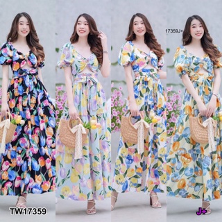 B17359 แม็กซี่เดรสห่วงอก ลายดอกทิวลิป ผูกเอว Floral halter neck maxi dress with waist tie