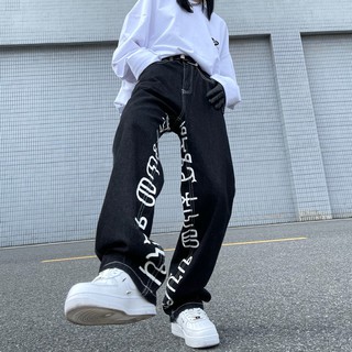 💜S-XL เวอร์ชั่นเกาหลีของหญิง hip-hop เรียบง่าย ins ออกแบบเฉพาะหวานและเย็นพิมพ์กางเกงยีนส์ขาตรงเอวสูง