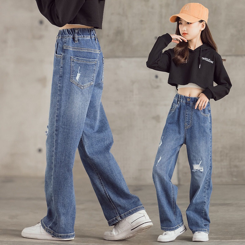 mixi-ใหม่-กางเกงยีนส์ขากว้าง-เด็กผู้หญิง-สไตล์ตะวันตก-กางเกงขายาวทรงหลวม