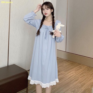 stop🍁ชุดนอนสตรีแขนยาว nightdresses ผู้หญิงกระโปรงยาวสีทึบสามารถสวมใส่นอกบ้านเสื้อผ้า