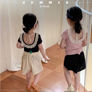 เสื้อยืดท็อป เปิดหลัง แต่งลูกไม้ สไตล์เกาหลี แฟชั่นฤดูร้อน สําหรับเด็กผู้หญิง อายุ 1-6 ปี