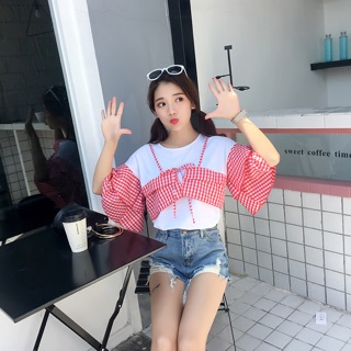 FBเสื้อแฟชั่นคอกลมแต่งผ้าลายสก๊อตแขนระบายสองชั้นสุดน่ารักสไตล์เกาหลี รหัส 1622-สีแดง