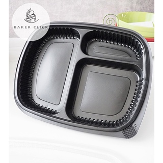 กล่องข้าวพลาสติก pp 3 ช่อง สีดำ พร้อมฝาใส pet 1แพ็ค/25ชุด กล่องใส่อาหาร