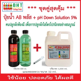 ชุดคู่สุดคุ้ม ปุ๋ยAB พลัส สูตรเข้มข้นสูง + pH Down กรดไนตริกเจือจางความเข้มข้น 5 % สำหรับคนปลูกผักไฮโดรโปรนิกส์ *ต้องมี*