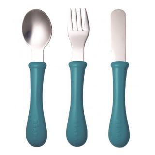 BEABA ชุดช้อนส้อมและมีดสแตนเลส Stainless steel training cutlery Knife / Fork / Spoon - Blue