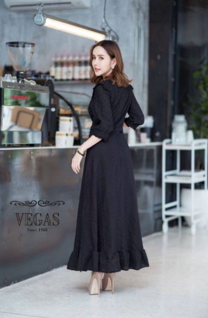 maxi-dress-ผ้าลูกไม้cotton-ฉลุลายสีดำ