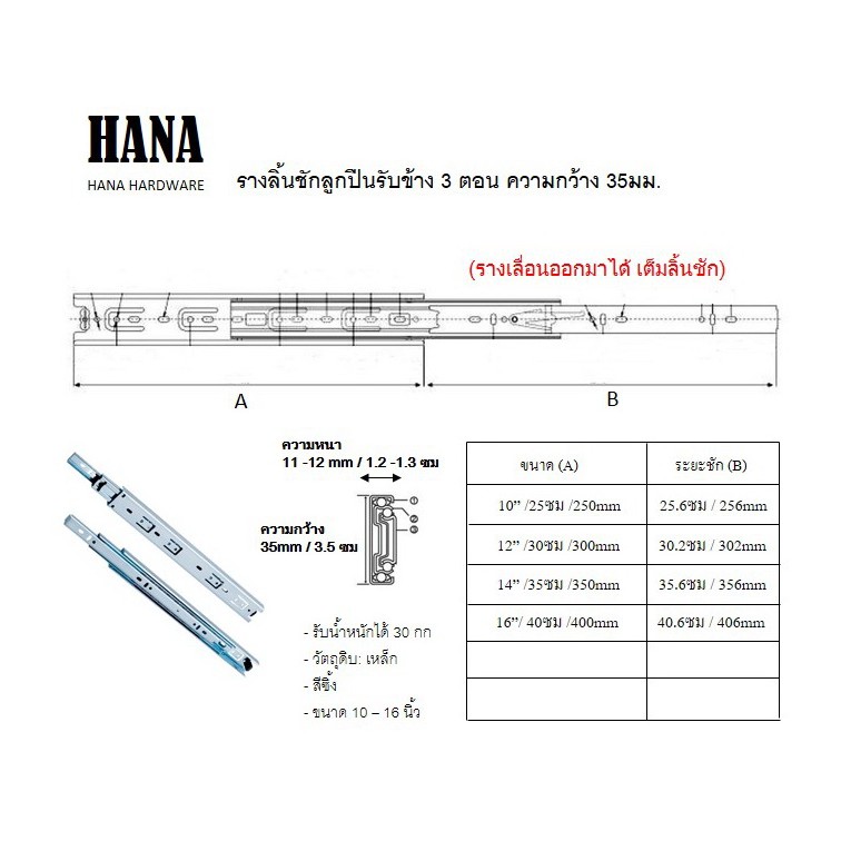 ภาพสินค้ารางลิ้นชักลูกปืน 3ตอน หน้ากว้าง 35mm (Thickness เหล็กหนา 1.0 mm) ขนาด10"12"14"16" สีซิ้ง Zinc จากร้าน tommylein934 บน Shopee ภาพที่ 4