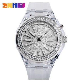 SKMEI Beatiful Quartz Watch Fashion Women Watches Creative Rotating Flower Dial LED Light Transparent Case Strap