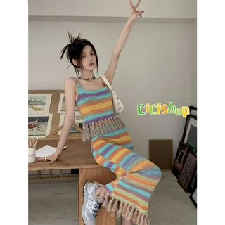 Cicishop(T2205)Knitting Set เซตสายเดี่ยว+กระโปรงยาว แต่งชายเก๋ๆ ลายทางเหมาะกับช่วง summer มากๆ