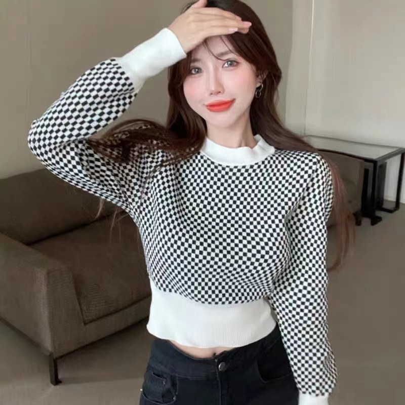 Cicishop(SALE/สุ่มสี 10037)เสื้อแขนยาวไหมพรมknit ทอลายตารางเล็กแบบฮิปส ...