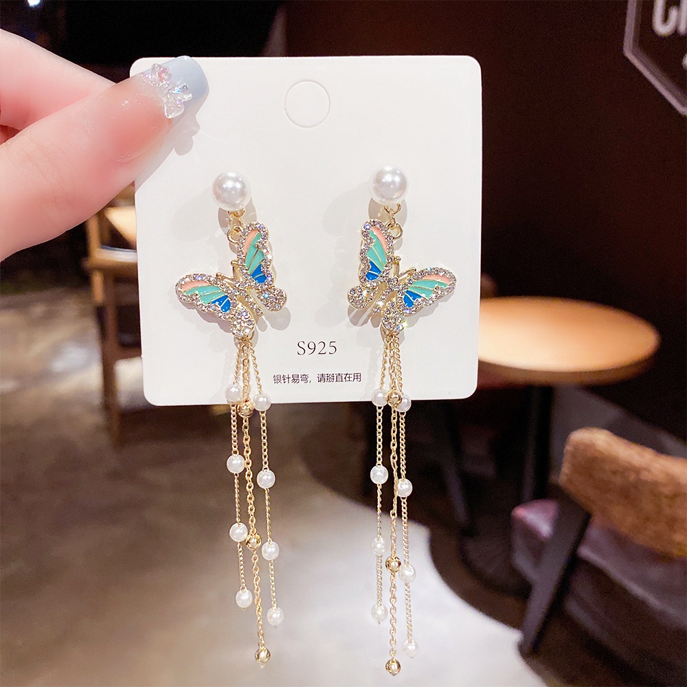 ต่างหูเข็มเงิน-s925-ประดับมุก-รูปผีเสื้อ-สไตล์ฮ่องกงเรโทร