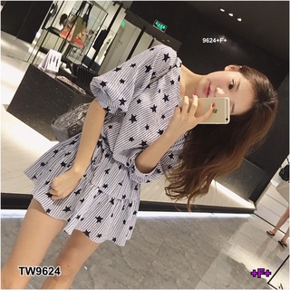 TW9624 Dress ชุดเดรสแขนศอก ผ้าทอลายริ้ว แต่งพิมลายดาวทั้งชุด รอบเอวสม็อค มาเชือกผูกเอว