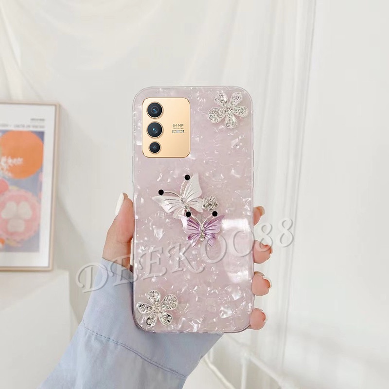 2022-new-เคส-vivo-v23-5g-v23e-phone-case-bling-lovely-beautiful-butterfly-decoration-seashell-pattern-back-cover-เคสโทรศัพท์-vivov23-vivov23e-casing